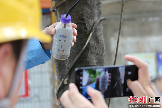住戶為防止雨天插座漏電而套上的塑料瓶中積水明顯,存在漏電隱患。謝耘 攝 住戶為防止雨天插座漏電而套上的塑料瓶中積水明顯,存在漏電隱患。謝耘 攝